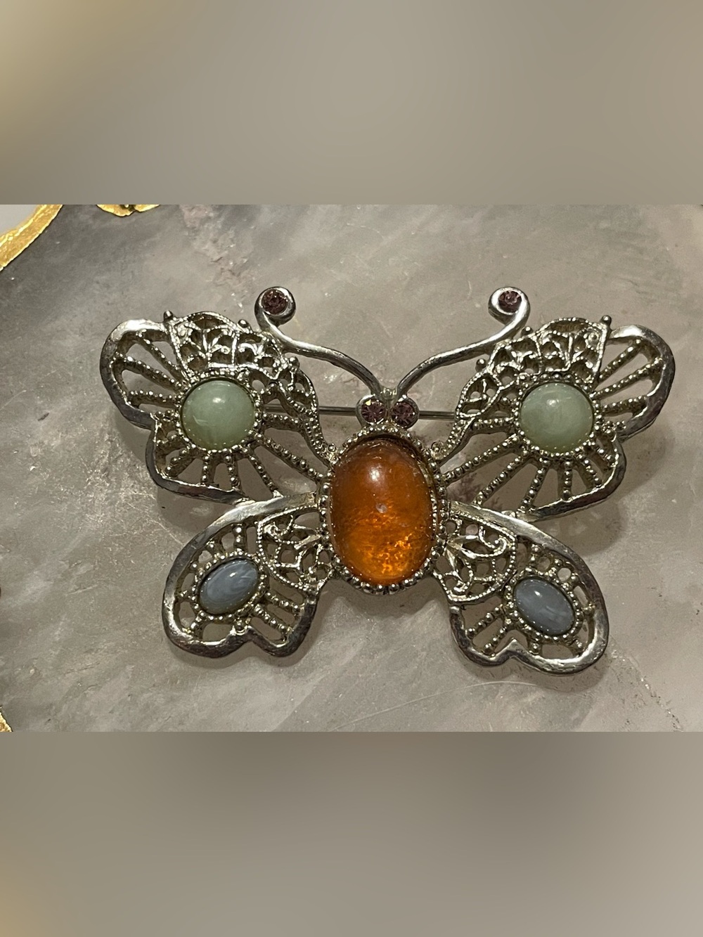 Silver Tone Cabochon Butterfly Brooch #8654